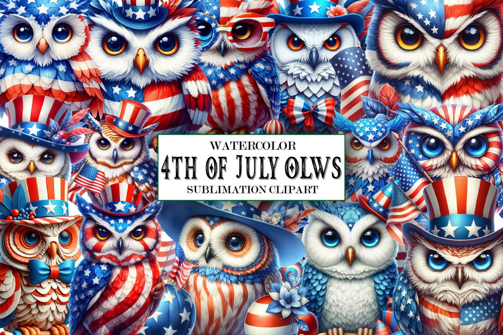 Watercolor 4th of July owls Clipart - So Fontsy