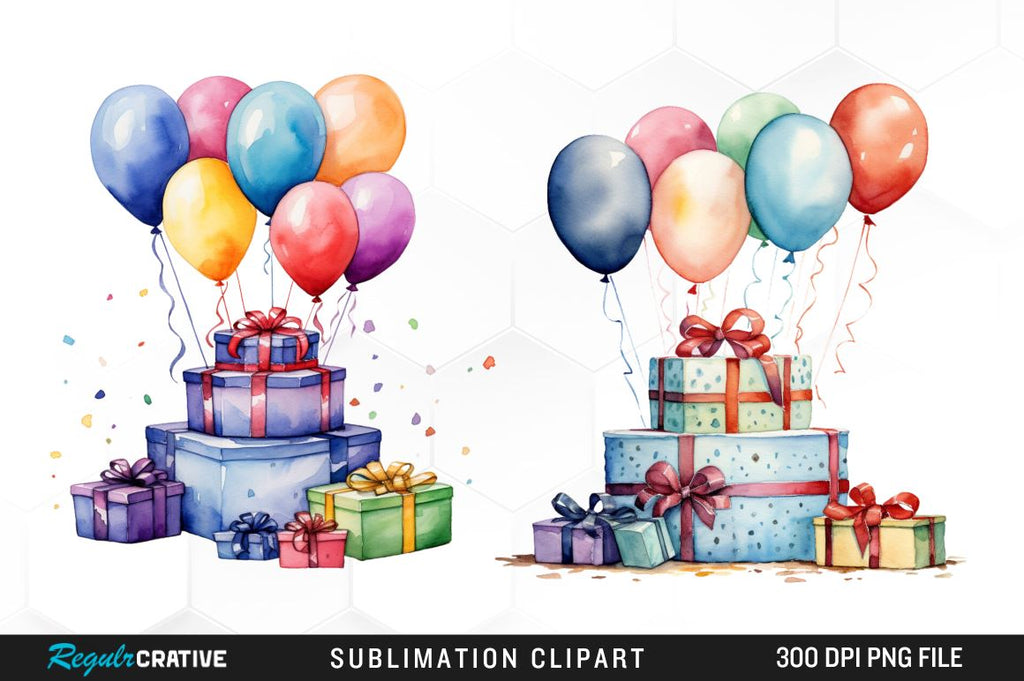 Watercolor Birthday Party Cake Balloons Clipart Bundle - So Fontsy