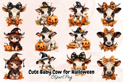 Watercolor Cute Baby Cow for Halloween Clipart Bundle Sublimation Designangry 