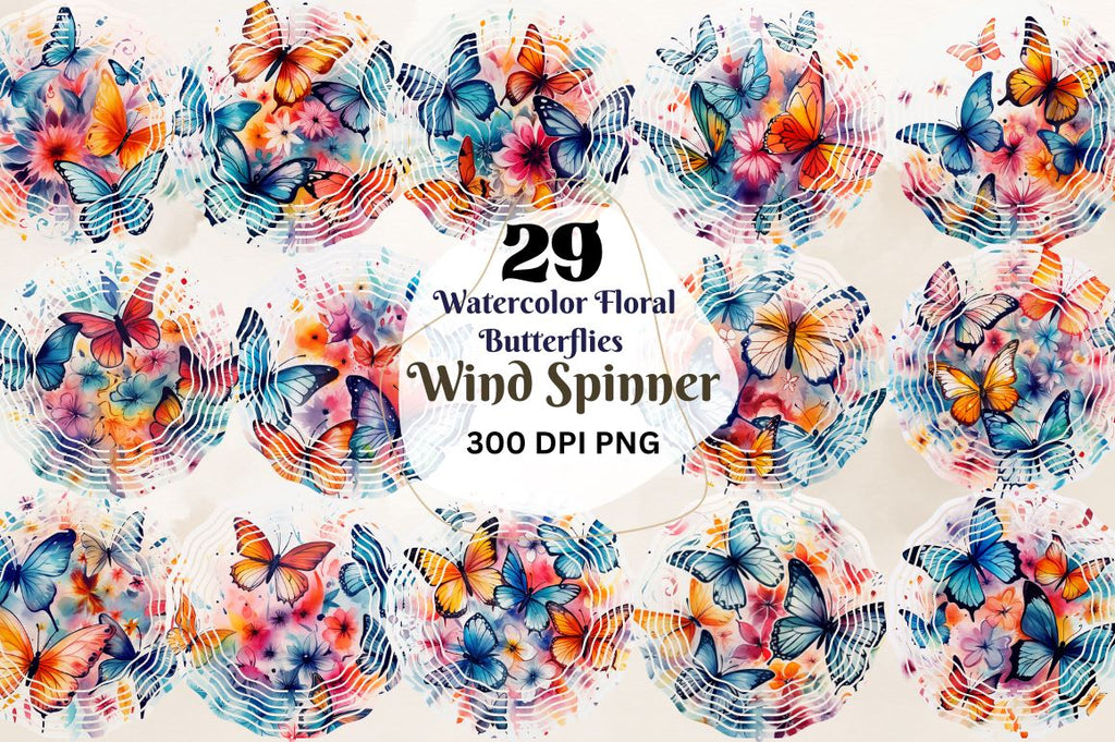 Watercolor Floral Butterflies Wind Spinner Sublimation Bundle - So Fontsy