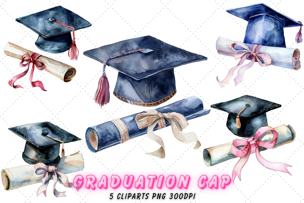 Watercolor graduation cap and diploma Clipart Bundle - So Fontsy