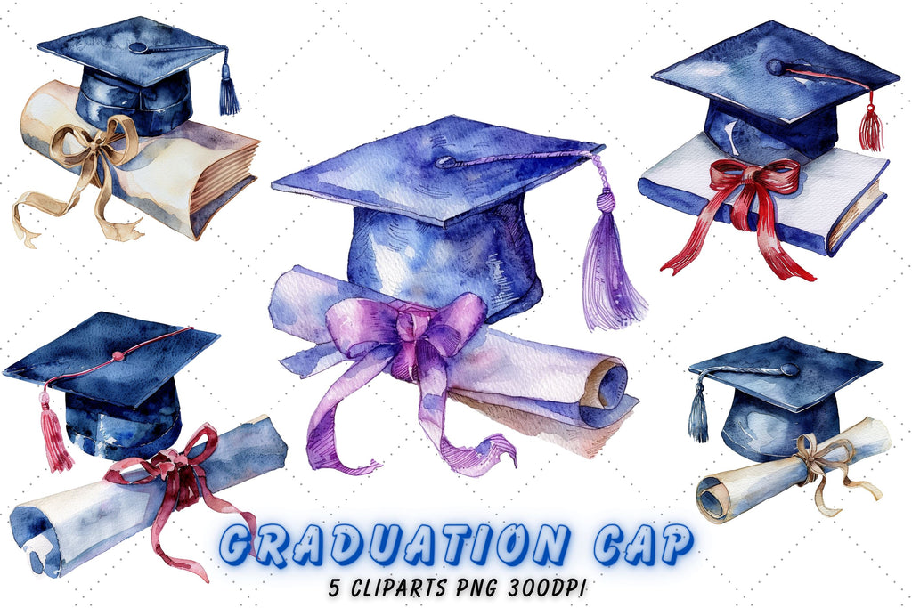Watercolor Graduation Cap and Diploma Clipart Bundle - So Fontsy