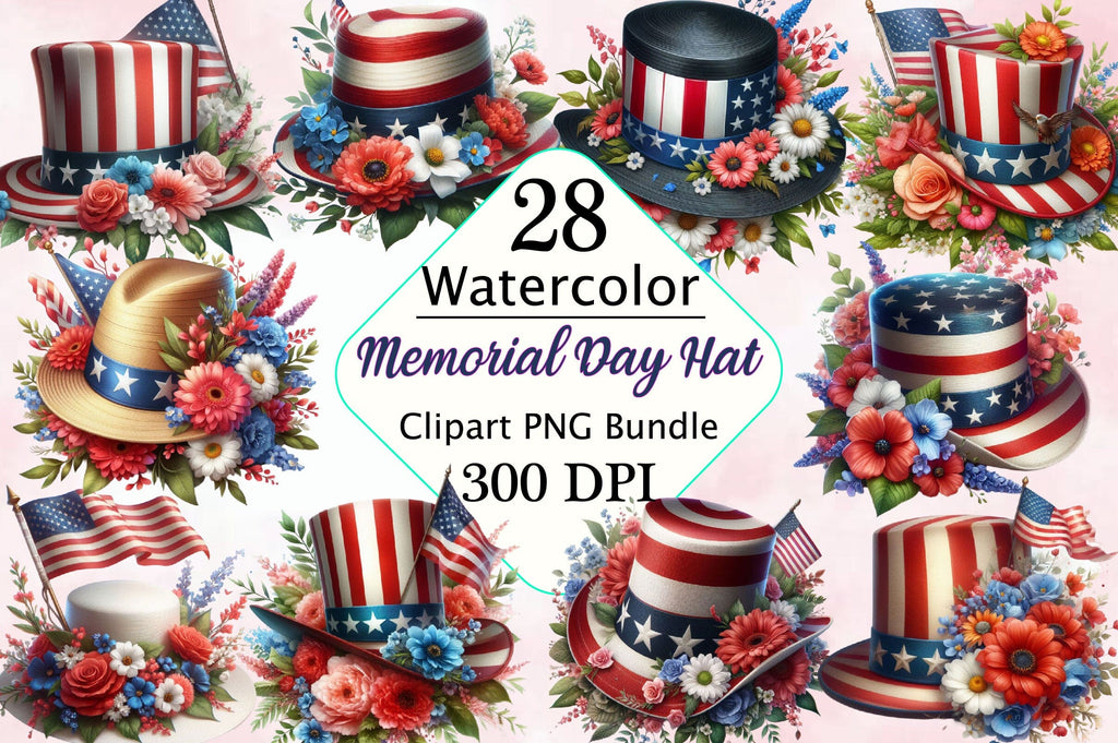 Watercolor Memorial Day Hat Clipart PNG Bundle - So Fontsy