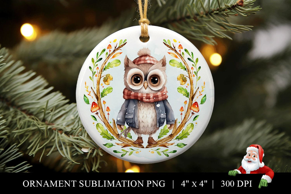 Watercolor Owl Round Christmas Ornament Sublimation PNG - So Fontsy