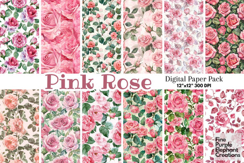 Watercolor Pink Roses Flower Floral Pattern Paper Digital Pattern Fine Purple Elephant Creations 