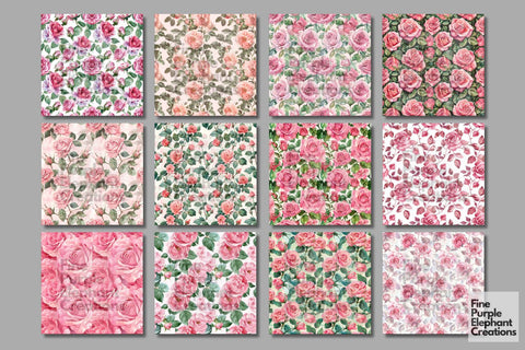 Watercolor Pink Roses Flower Floral Pattern Paper Digital Pattern Fine Purple Elephant Creations 