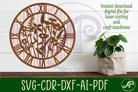 Wild flower wall clock laser cut files, SVG file. vector SVG APInspireddesigns 