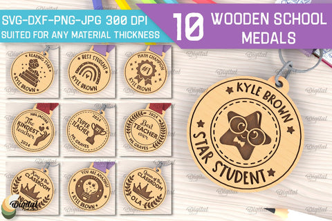 Wooden School Medals Laser Cut Bundle. Engraved School Medals SVG SVG Evgenyia Guschina 
