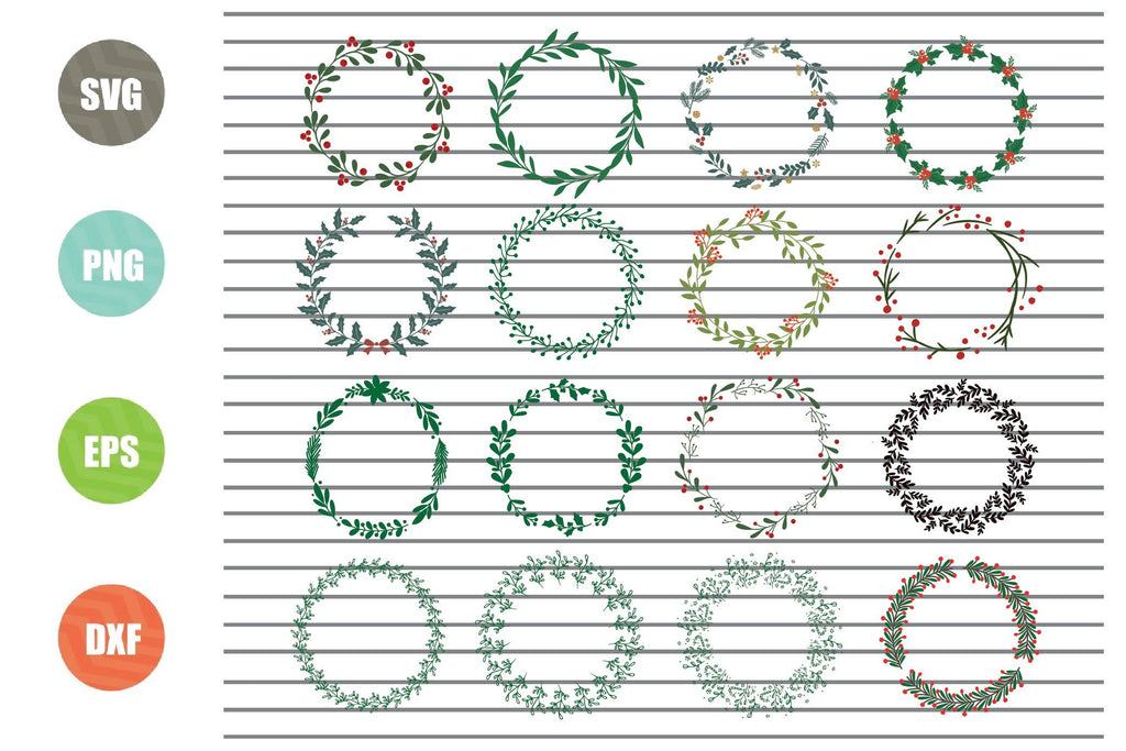 16 Styles Christmas Wreath Svg Png Dxf Eps Cut Files - So Fontsy