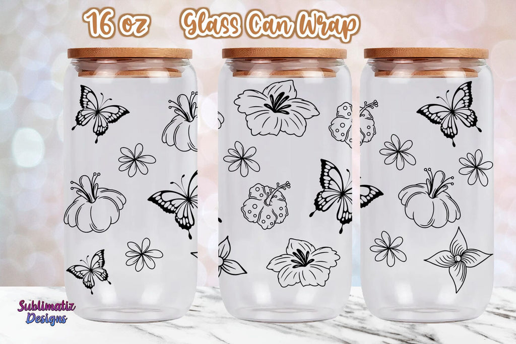 16oz Floral & Butterflies Pattern Libbey Glass Can Wrap, Svg Vector Png ...