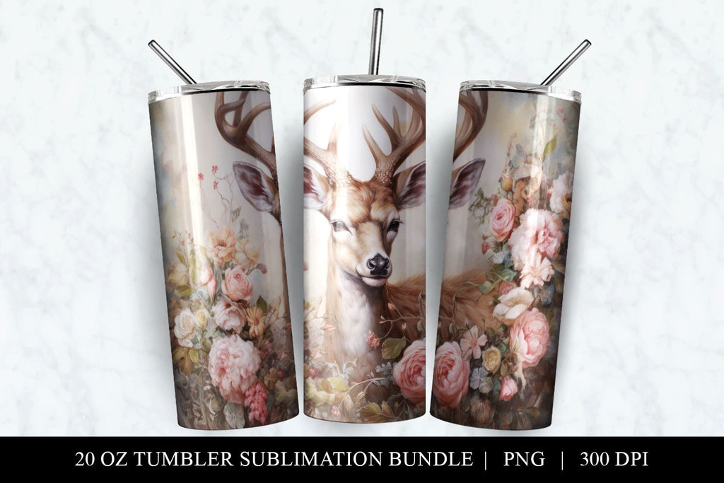20 oz Floral Deer Skinny Tumbler Sublimation Design PNG - So Fontsy