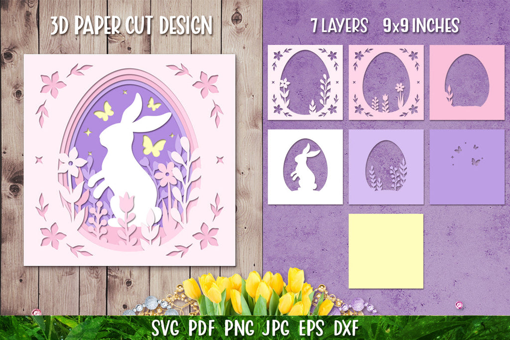3D Bunny SVG | Easter Bunny Paper Cut SVG | Light Box - So Fontsy