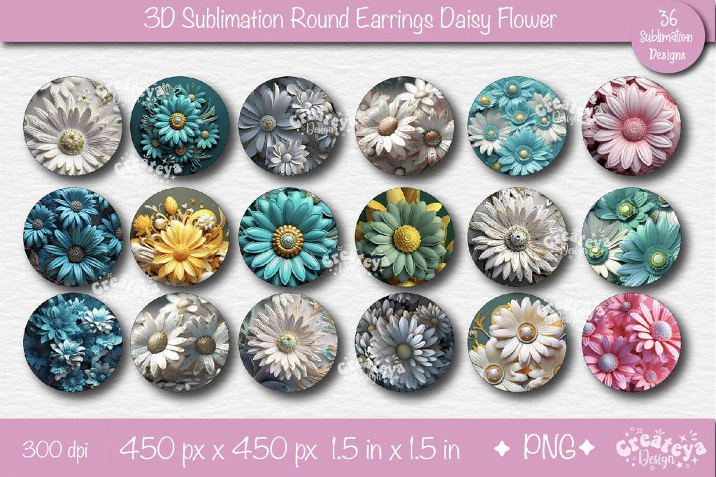 3D Earrings Sublimation Round earring 3D Daisy 3D sublimation bundle  Floral - So Fontsy