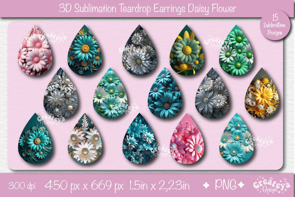3D Earrings Sublimation, Teardrop earring 3D Daisy