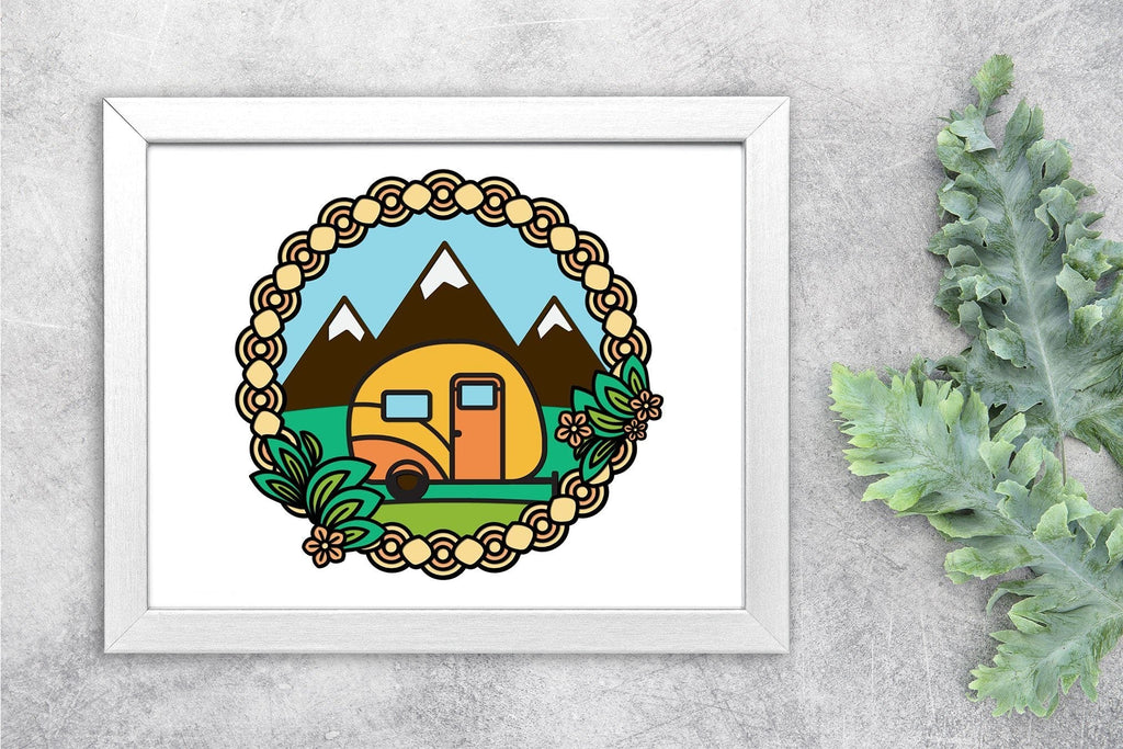3D Layered Camper SVG, Camping SVG Frame, Happy Camper with Mountains
