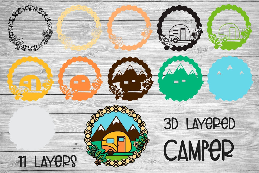 3D Layered Camper SVG, Camping SVG Frame, Happy Camper with Mountains