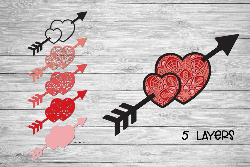 3D Layered Heart Mandala SVG with Arrow, Valentines Day Cut File. - So ...