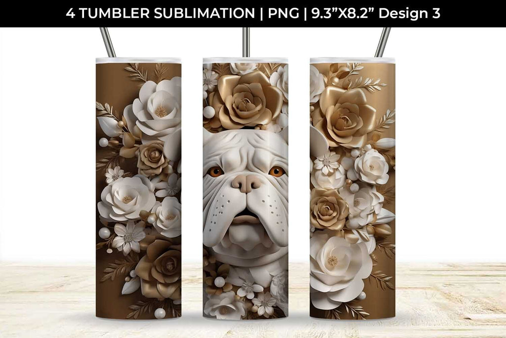 3D white Floral Bulldog Dog Tumbler Wrap 20 oz Sublimation PNG Bundle ...