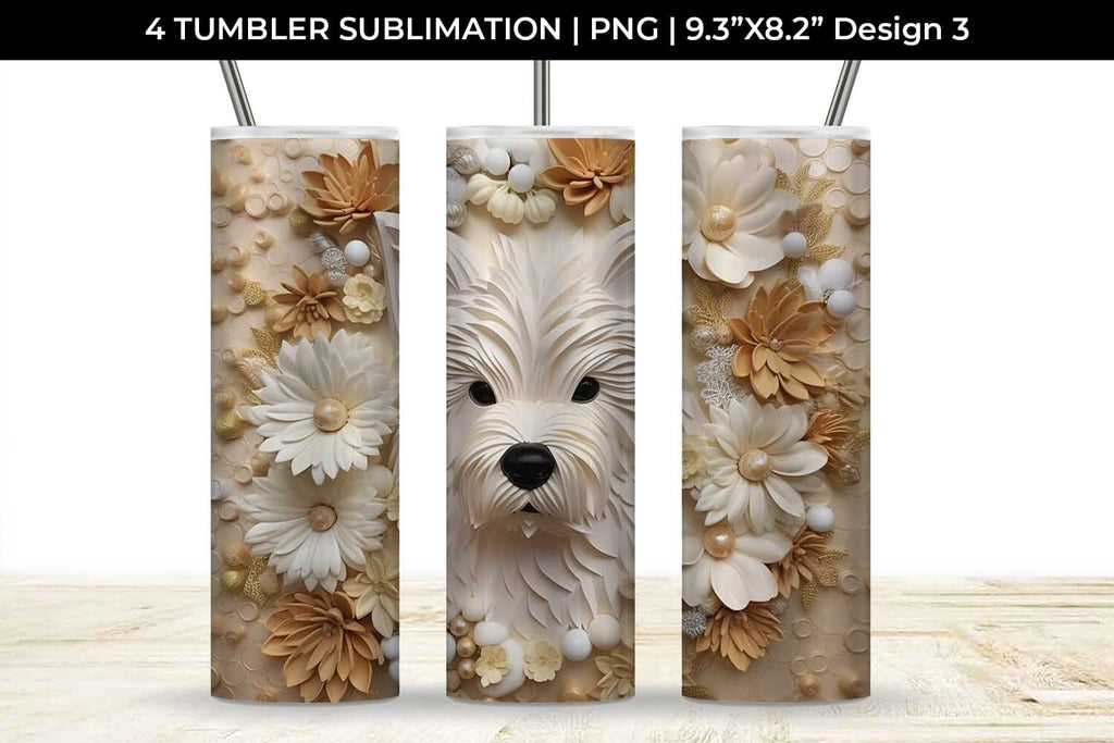 3D white Floral Westie Dog Tumbler Wrap 20 oz Sublimation PNG Bundle ...