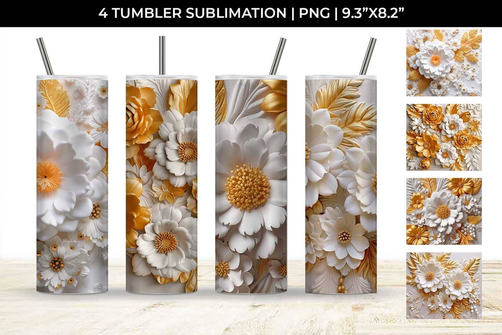 3D Pink and Gold Flowers Tumbler Wrap Sublimation PNG