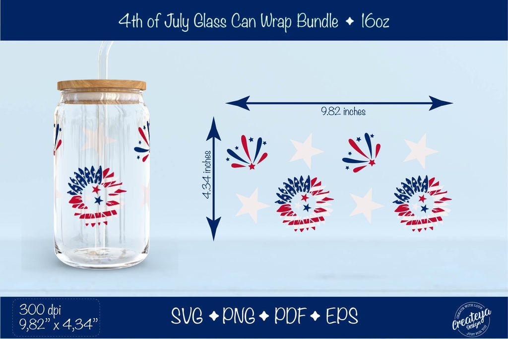4th of July Glass Can wrap. American sunflower Beer Can Glass Wrap