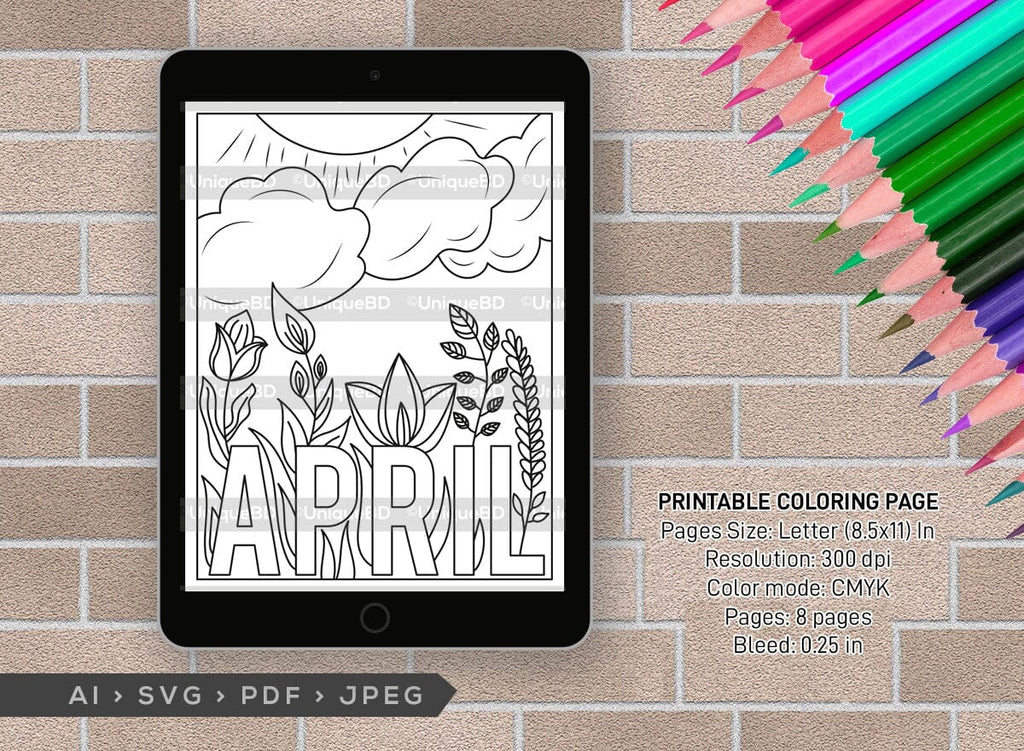 April Month Printable Coloring Page Bundle, PDF Colouring Book, Instant ...