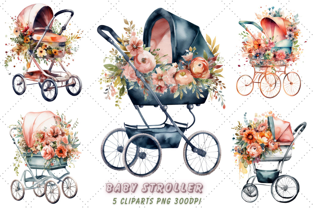 Baby Stroller Flower Watercolor Clipart Bundle, Sublimation, Floral Baby  Strolle