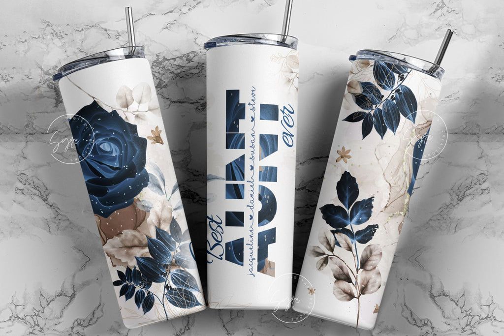 Best Aunt Ever, Blue Gold Floral Tumbler, Gift for Aunty, Add Kids Names,  20 oz Skinny Tumbler Design Wrap, Mother's Day Tumbler Design Wrap