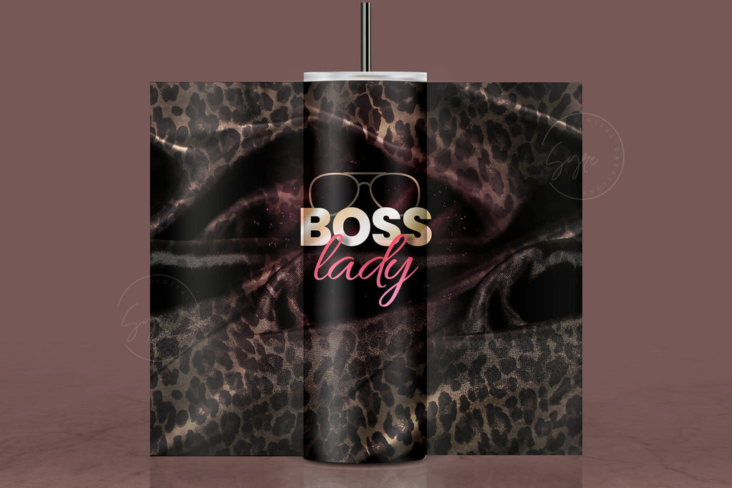 20 Oz Skinny Tumbler Design, Boss Lady, Glitter, Leopard Print