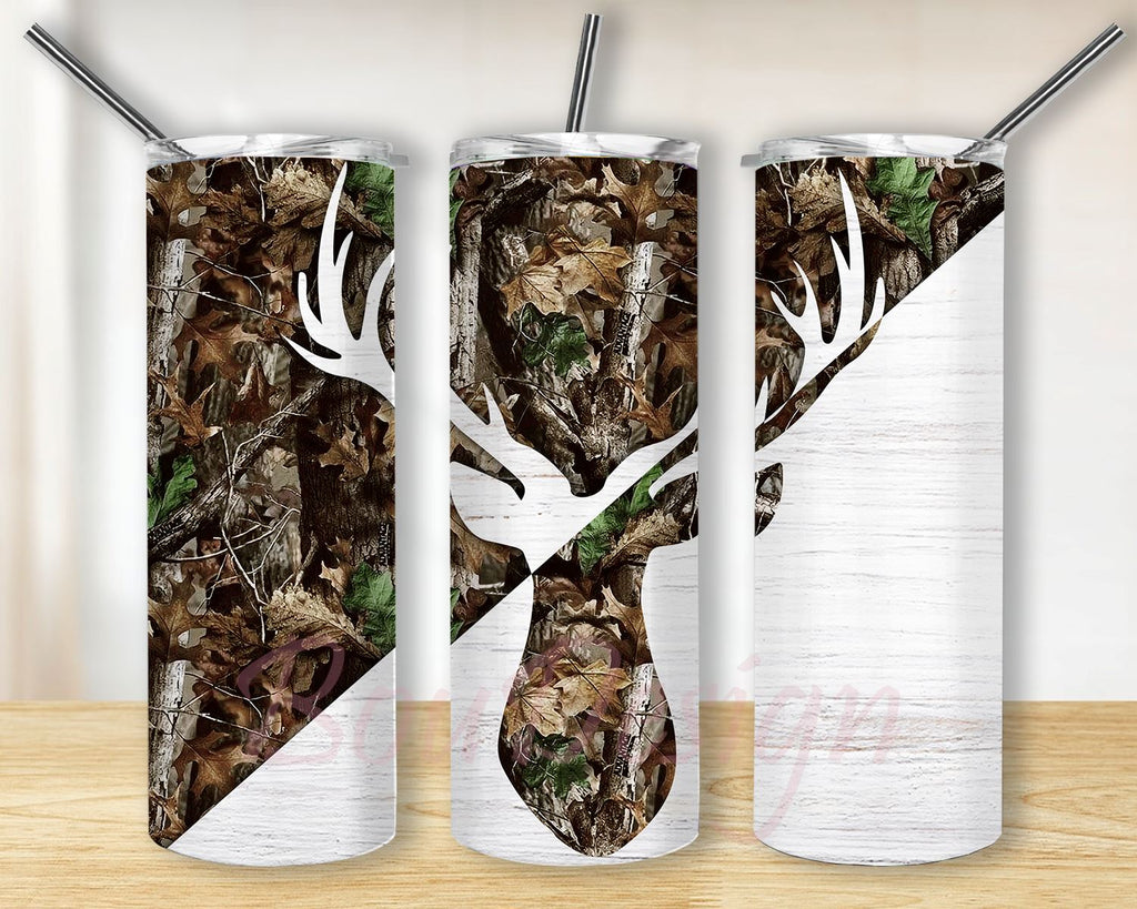 Brown Camo Camp Deer 20 oz Skinny Tumbler Camp Deer Camo and Wood ...