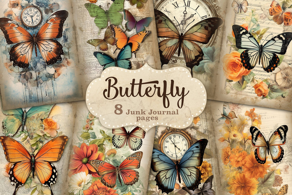 Butterfly Junk Journal Pages | Digital Collage Sheet - So Fontsy