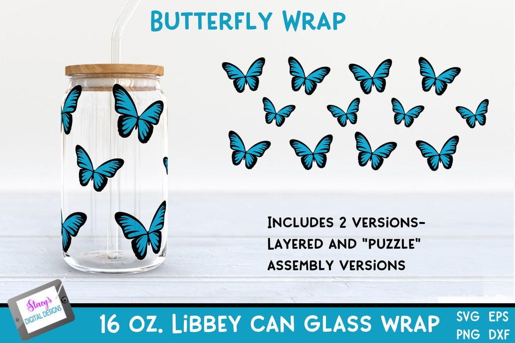 Butterfly Libbey Can Glass Wrap SVG | 16 oz. Can Glass SVG - So Fontsy