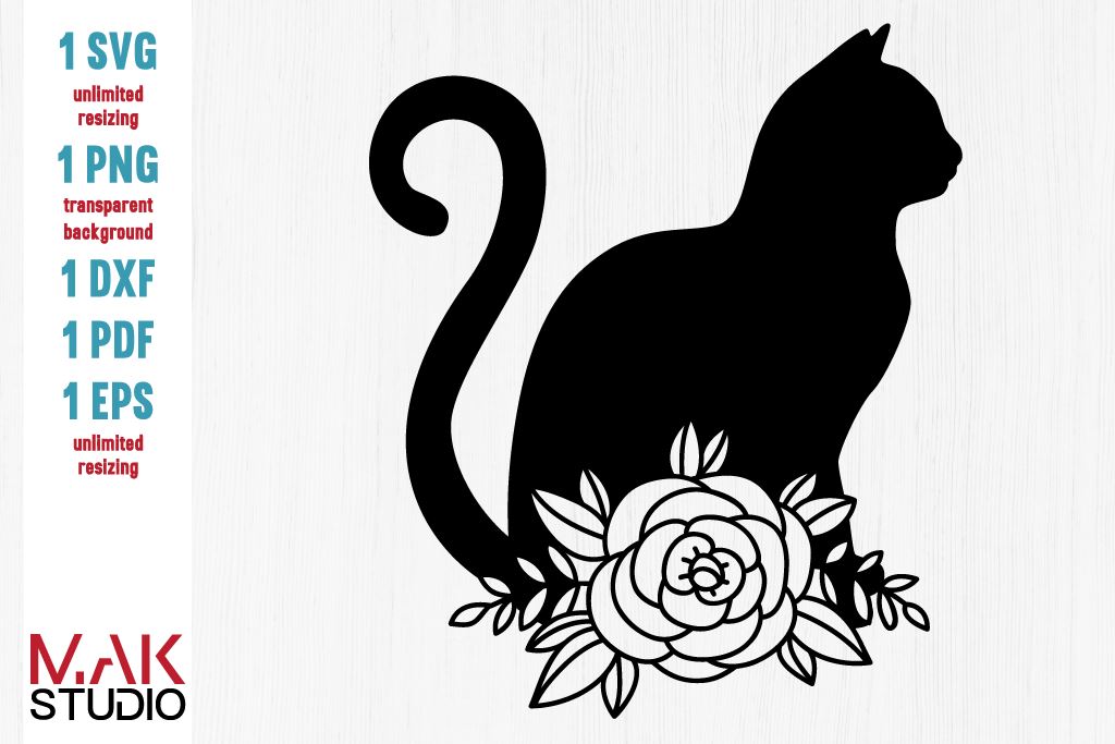 Cat with flowers svg Cat with flowers dxf Cat cut file Cat floral svg ...