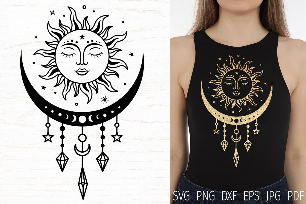 Celestial svg, sun and moon, boho svg cut file, mystical svg - So Fontsy