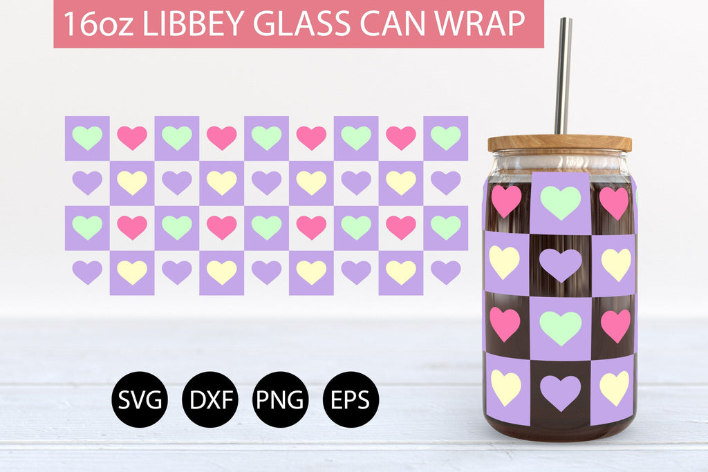 Checkered Heart SVG PNG 16 oz Libbey Glass Can Wrap - So Fontsy