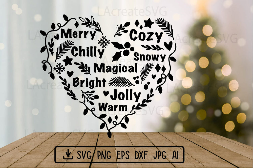 Christmas decor Cut file Heart Merry Bright Svg Cricut file - So Fontsy