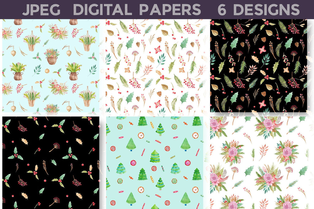 Christmas Floral Digital Papers Bundle - So Fontsy