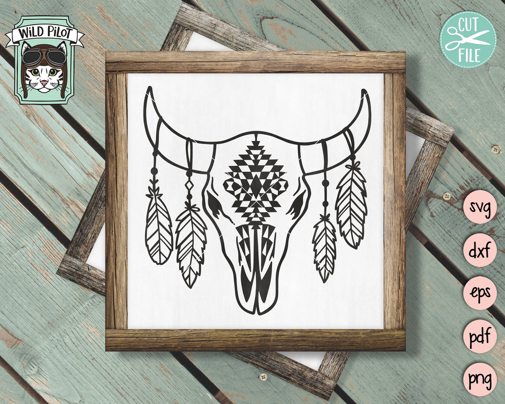 Cow Skull Medallion With Feathers SVG Cut File - So Fontsy