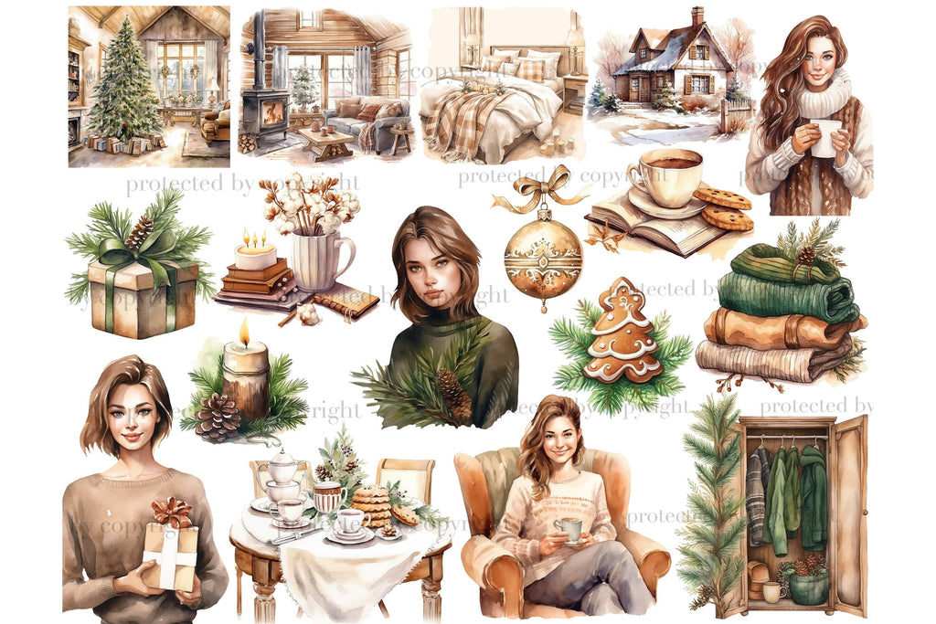 Cozy Winter Clipart Bundle  Christmas Illustration PNG Set - So Fontsy