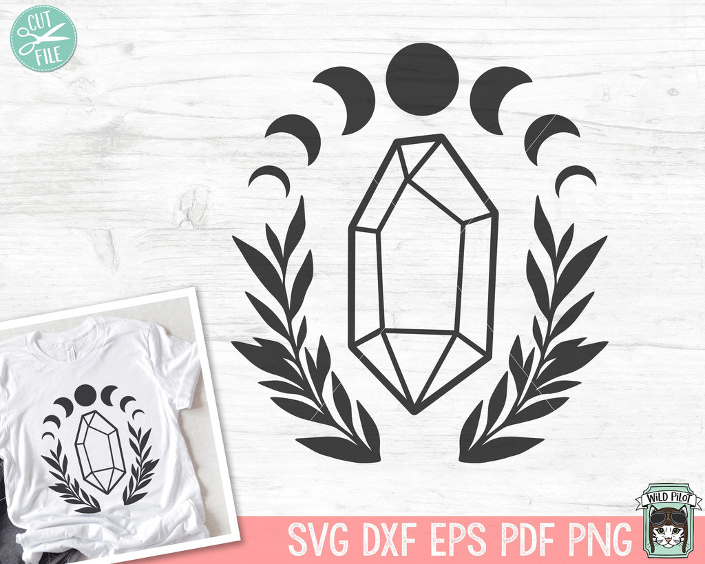 Crystal Svg File, Crystal Png, Mystical Svg, Crystal Moon Leaves Svg 