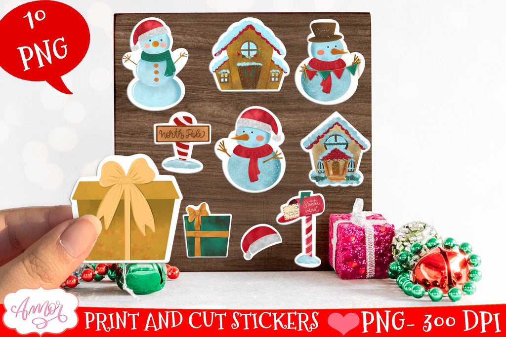 Cute Christmas stickers for print then cut on Cricut, 10 PNG - So Fontsy