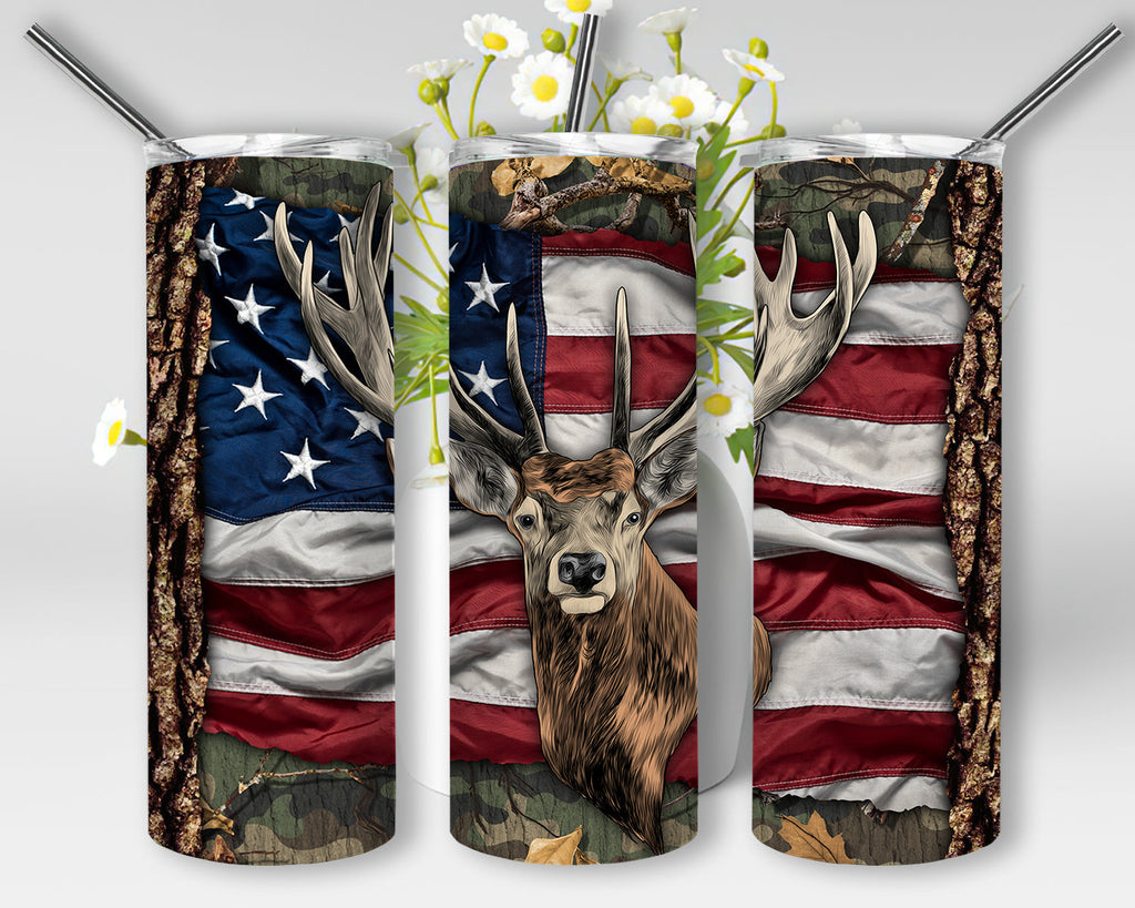 Deer Hunting American Flag Tumbler PNG, Camo Deer Hunting 20oz Skinny ...