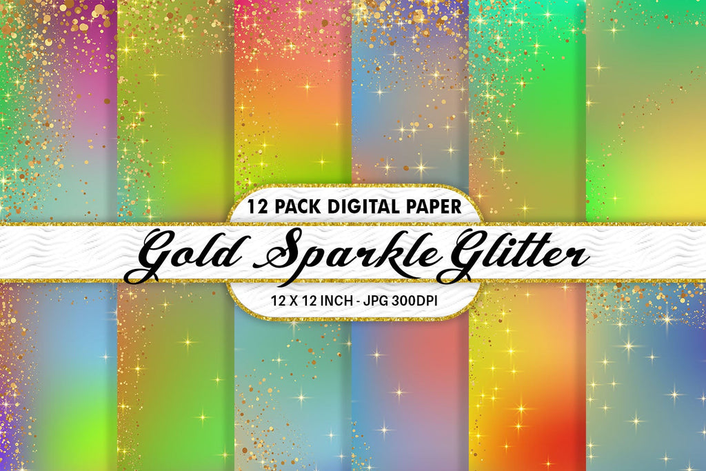 Digital Paper gold sparkle glitter and gradient Rainbow color ...