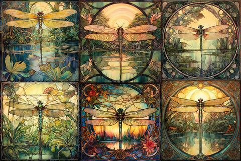 Dragonfly Digital Backgrounds - Art Nouveau Stained Glass Sublimation BijouBay 
