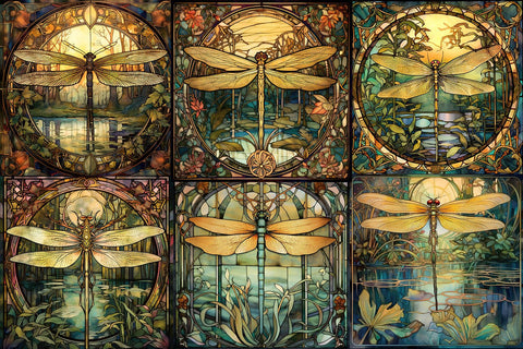 Dragonfly Digital Backgrounds - Art Nouveau Stained Glass Sublimation BijouBay 