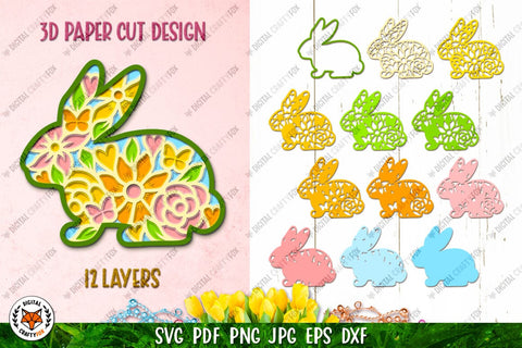 Easter Bunny SVG,3D Bunny,Easter Bunny Cut File,Flower Bunny 3D Paper Digital Craftyfox