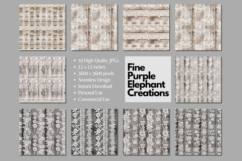 Farmhouse Lace Digital Paper | Wood and Lace Pattern Digital Pattern Fine Purple Elephant Creations 