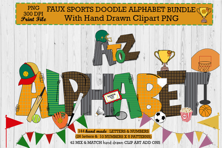 Faux Sports Doodle Alphabet Bundle with Hand Drawn Clipart - So Fontsy