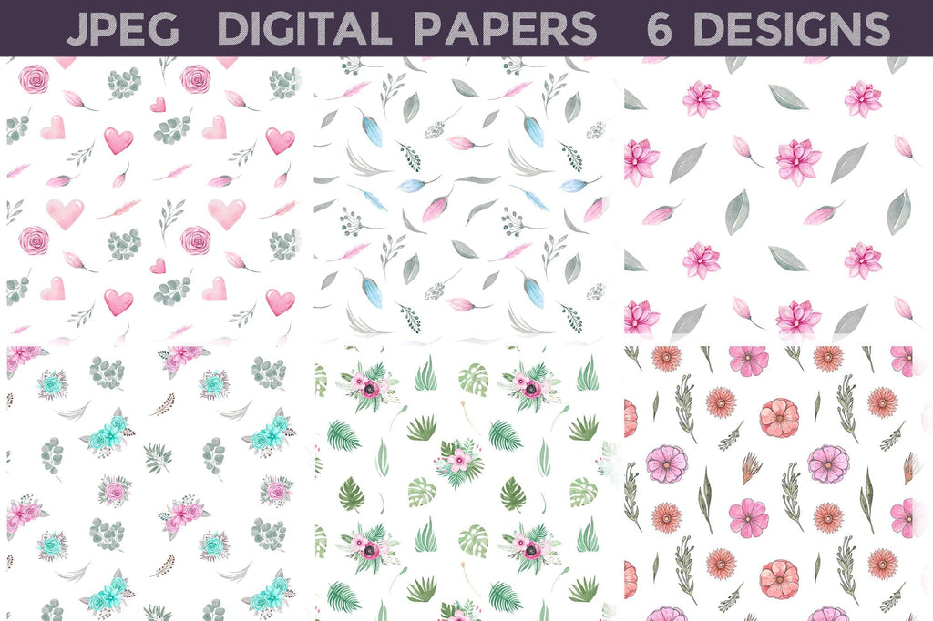 Floral Digital Papers Bundle | Pink Flowers Seamless Pattern - So Fontsy