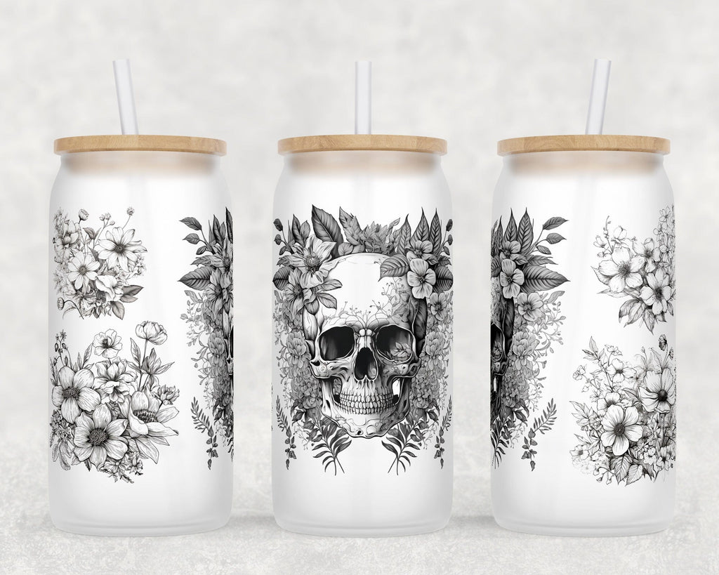 Floral Skull Libbey Glass Can Wraps, 16oz Glass Can Sublimation Designs ...